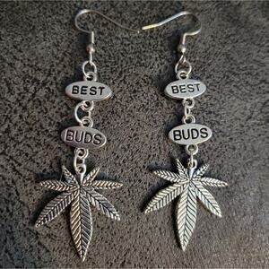 "Best Buds" fan leaf charm earrings, stainless steel hooks, handmade